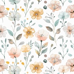 watercolor floral pattern, pastel pink and peach tones, white background