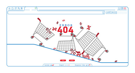 Error 404 abstract browser webpage design with shopping carts, percentage vector. Creative webpage internet security warning to use for webshop, web development, webpage error, error 404 projects. 
