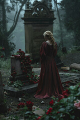 Regal lady in red gown exploring Victorian graves