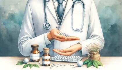 Digital art of Doctor Homeopath with homeopathy medicine bottle. Hand displaying homeopathic globules. Concept of homeopathy, alternative medicine, organic apothecary, naturopathy - obrazy, fototapety, plakaty