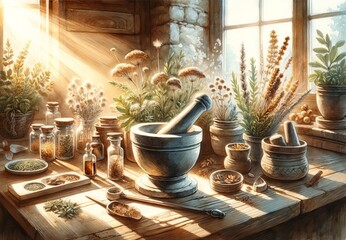 Digital art of Herbalist's study space with sunlight streaming through a window. A mortar and pestle among dried herbs on a wooden desk. Concept of herbal medicine, botanical studies, homeopathy