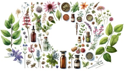 Botanical illustration of medicinal herbs and homeopathy bottles. Medicinal plants and natural remedy containers. Concept of herbal medicine, natural healing, alternative remedies, botanical extracts - obrazy, fototapety, plakaty