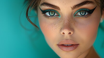 Dark brunette woman with white and turquoise cat eyes, shot in 16bit RAW - obrazy, fototapety, plakaty