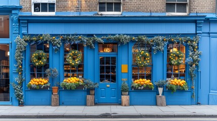   A blue storefront, adorned with a display of oranges in the window, and wreaths decorating its facade