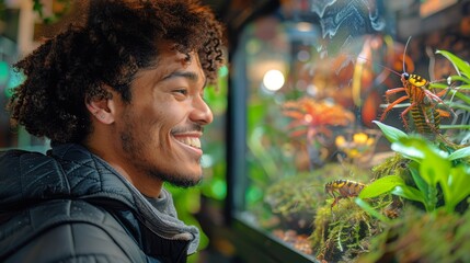 Smiling man observing a Madagascar hissing cockroach. Adult male enjoying entomology exhibit. Concept of nature fascination, insect interaction, zoological education