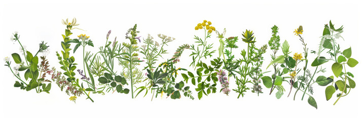 Collection of medicinal plants and herbs. Variety of herbal medicine flora. Concept of homeopathy, natural healing, botanical diversity, and alternative medicine. White background - obrazy, fototapety, plakaty