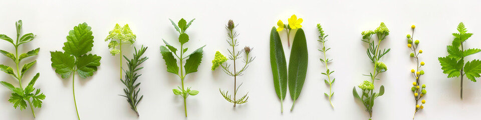 Collection of medicinal plants and herbs. Variety of herbal medicine flora. Concept of homeopathy, natural healing, botanical diversity, and alternative medicine. White backdrop