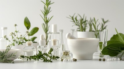 Homeopathy laboratory setup with medicinal herbs, vials with herbal extracts, porcelain mortar and pestle on white background. Concept of natural medicine preparation, plant therapy, and homeopathy
