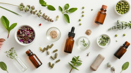 Homeopathy essentials, including glass vials of herbal extracts, medicinal herbs, mortar, pestle, and selection of homeopathic remedies, laid out on a white backdrop. Flat lay. Alternative medicine