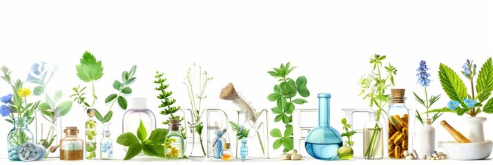 Digital art of Homeopathy laboratory setup with medicinal herbs, vials with herbal extracts, mortar, pestle, pills on white background. Concept of natural medicine preparation, homeopathy. Copy space - obrazy, fototapety, plakaty