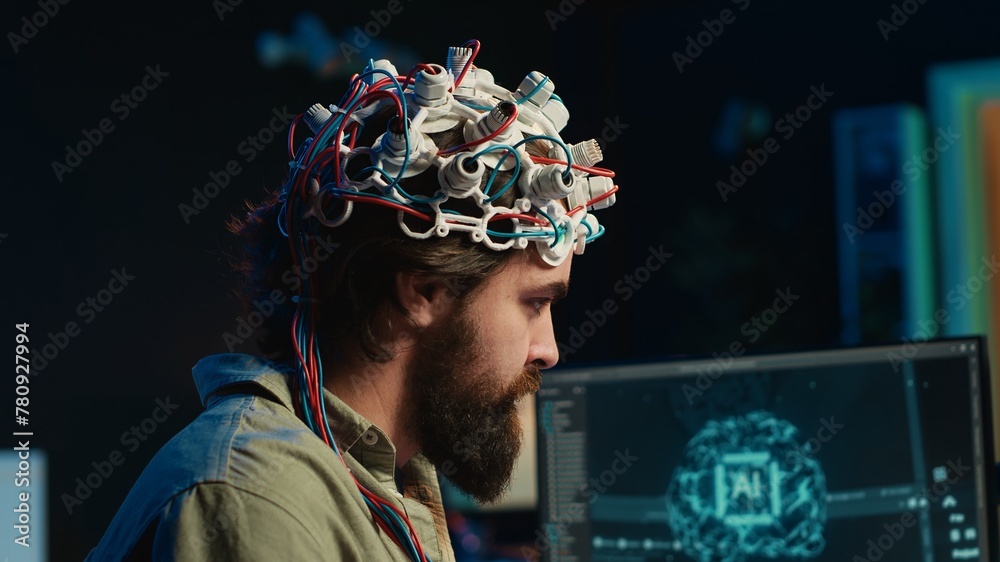 Poster it specialist using eeg headset and deep learning technology to upload brain into computer. close up