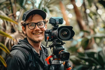 Fototapeten Digital creator films a vlog outdoors, capturing captivating footage with a DSLR camera, showcasing scenic locations. © Degimages