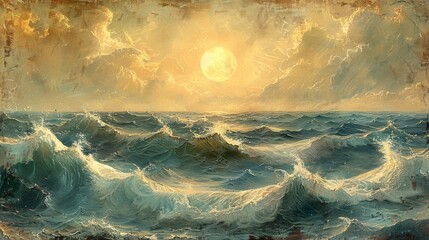 On grunge canvas with rough edges, sea waves and blue sky are painted in the style of an old painting.
