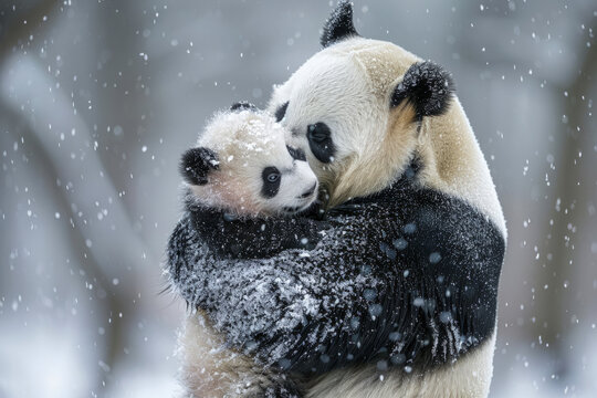 Affectionate giant pandas in a snowy embrace. Generative AI image
