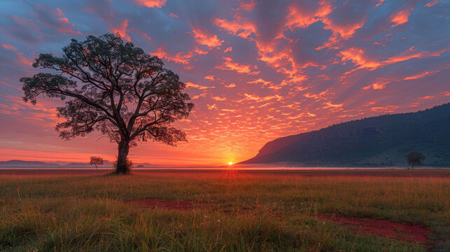   A tree stands in the foreground as the sun sets over a tranquil field, framed by a distant mountain range