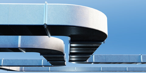 Square air duct against a blue background. Industrial ventilation at the plant. Air purification...