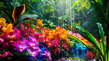 A colourful rain forest teaming with vibrant coloured flowers and life