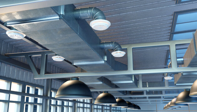 HVAC system. Fragment of industrial ventilation on the ceiling of the workshop. Laying of ventilation karobs. Cleaning air in production.