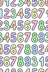 Multicolored numbers from 0 to 9. Vertical seamless pattern. Endless ornament of numeric symbols.