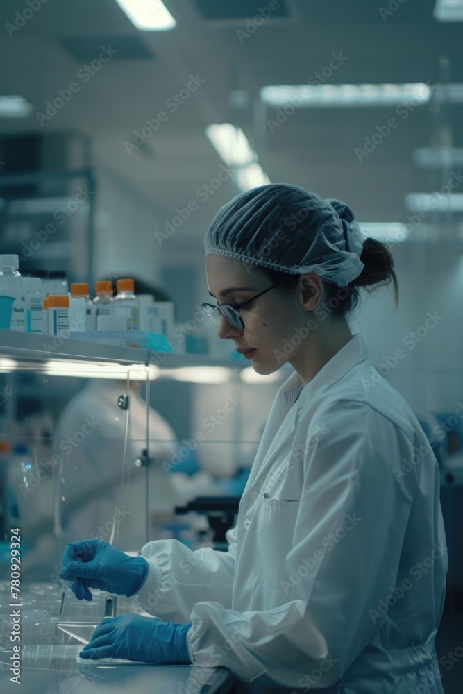 Poster a woman in a lab coat working on a pipe. suitable for engineering or industrial concepts