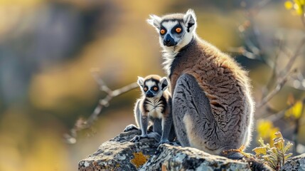 Naklejka premium Two lemurs perched on a rock. Ideal for nature and wildlife concepts
