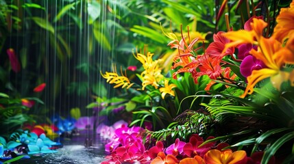 A colourful rain forest teaming with vibrant coloured flowers and life