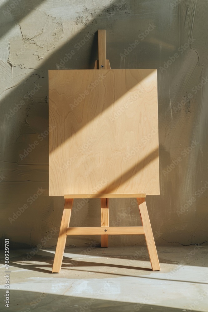 Poster A wooden easel positioned in front of a plain wall. Suitable for art and design concepts