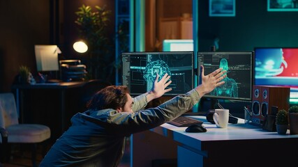 Programmer creating sentient AI, bowing in adulation to new overlord. Crazy computer scientist doing worshiping reverence in front of self aware artificial intelligence, camera A