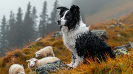   A black-and-white dog sits atop a grassy hill, surrounded by a herd of sheep, in foggy conditions