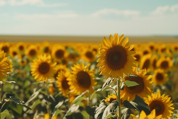 A sunflower field stretches towards the horizon, its golden blooms swaying in the warm summer breeze