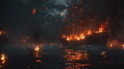 A dramatic image of a ship engulfed in flames on the water. Suitable for illustrating emergencies or disasters