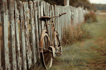 
A vintage bicycle leaning against a weathered wooden fence, waiting to be taken for a leisurely ride through the countryside - Powered by Adobe