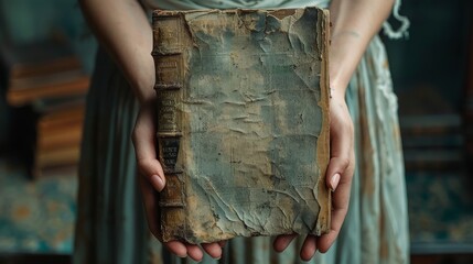 An antique torn book with the hands of a young woman held against the black dress of a grunge texture background. - obrazy, fototapety, plakaty
