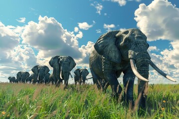 A herd of elephants walking across a vibrant green field. Suitable for nature and wildlife concepts - obrazy, fototapety, plakaty