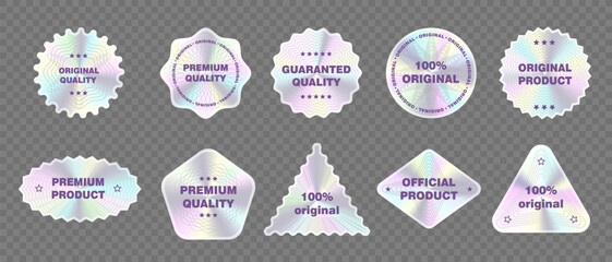 Set of realistic silver holographic stickers, quality emblems, labels, original product stamps, premium quality symbol of official product guarantee with different shapes. Vector illustration 