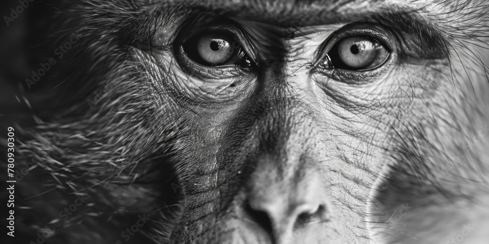 Poster close-up photo of a monkey's face, suitable for various projects