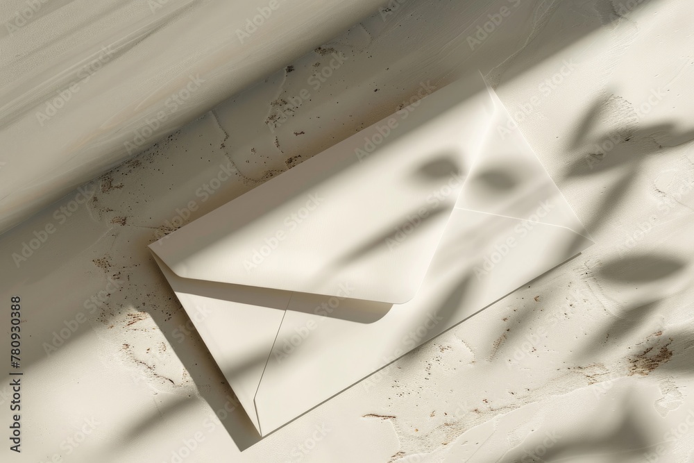 Poster a white envelope placed on a clean white floor. suitable for business or communication concepts