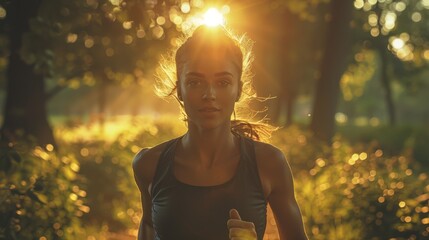 Runner woman going for a run in the park during her outdoor workout. - obrazy, fototapety, plakaty