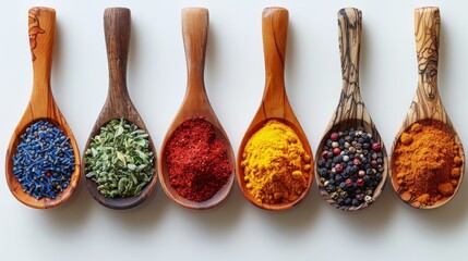 In the background is a wood spoon with spices. Saffron, turmeric, cinnamon, curry and other spices are isolated on a white background.