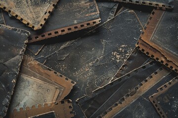 A pile of old film strips on a table. Suitable for vintage photography themes