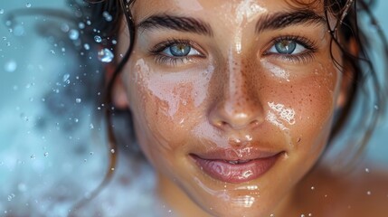 This is a beautiful model with splashes of water in her hands. She is smiling and she has fresh skin over a blue background. She is undergoing skin care, cleansing and moisturizing. She is on the