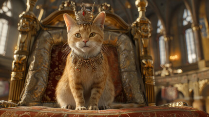 A majestic orange cat sits on a royal throne, wearing a crown and a luxurious necklace, exuding a regal aura