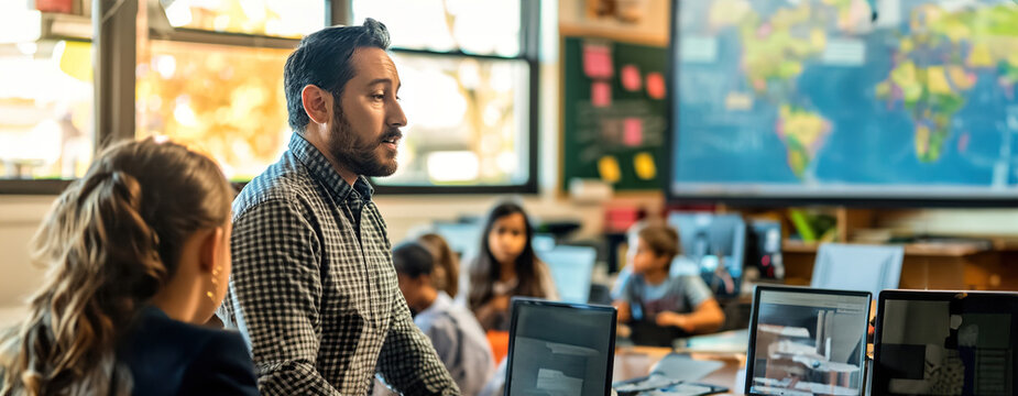 An EdTech instructor leads a virtual classroom, engaging students with interactive lessons and digital tools, remote learning opportunities.