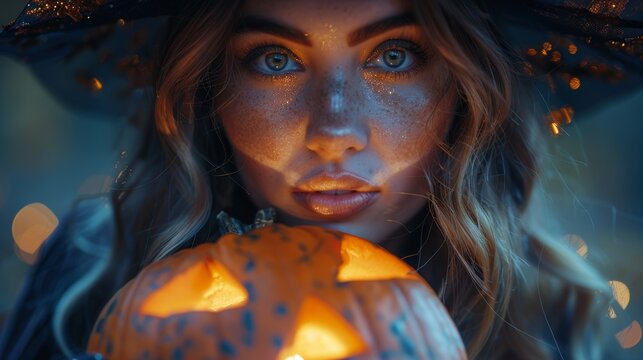 In a dark forest, a witch holds a carved pumpkin in her hat and costume, surrounded by Halloween art design. Beautiful young woman in witches hat and costume holding carved pumpkin.