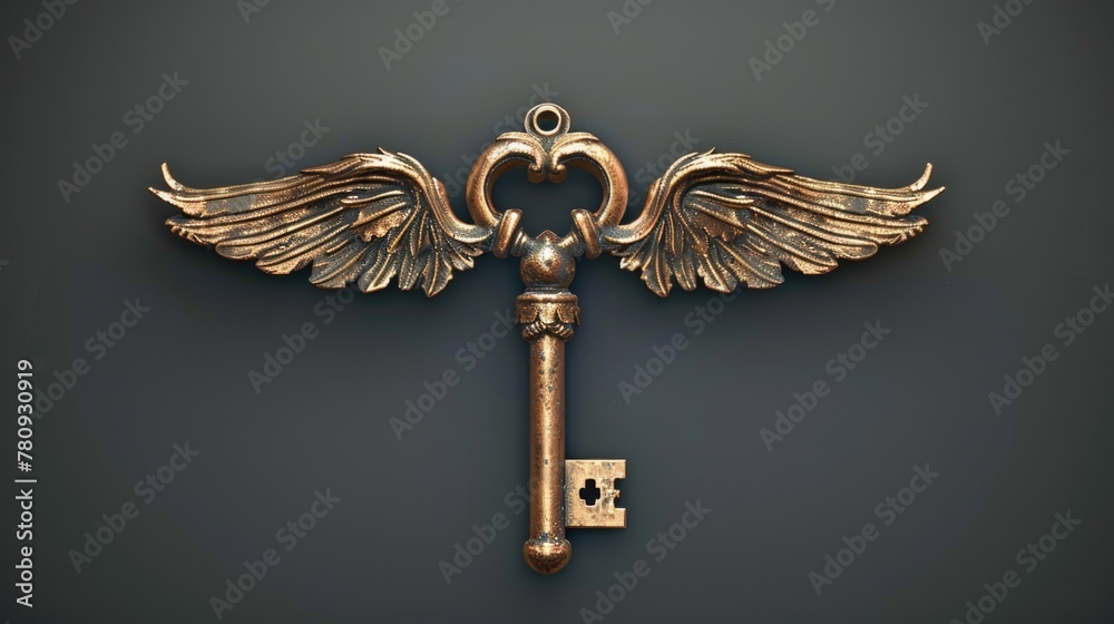 Poster a golden key with wings attached to it. can be used for concepts of success, achievement, and unlock