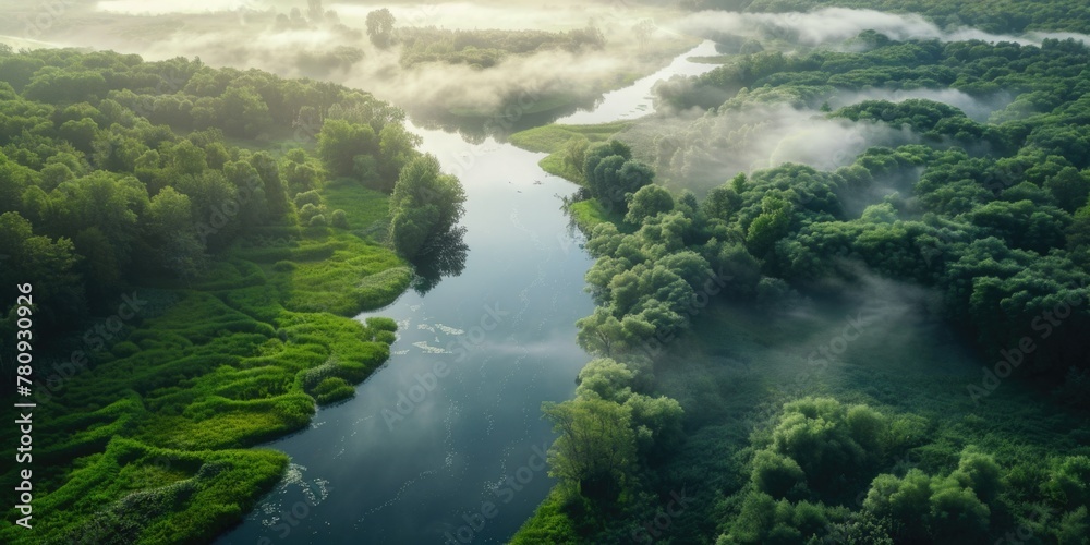 Poster aerial view of a river surrounded by trees. suitable for nature and landscape themes