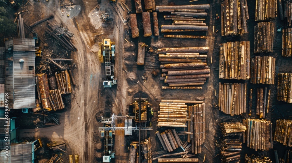 Poster Aerial view of a large pile of logs, suitable for forestry or logging concepts