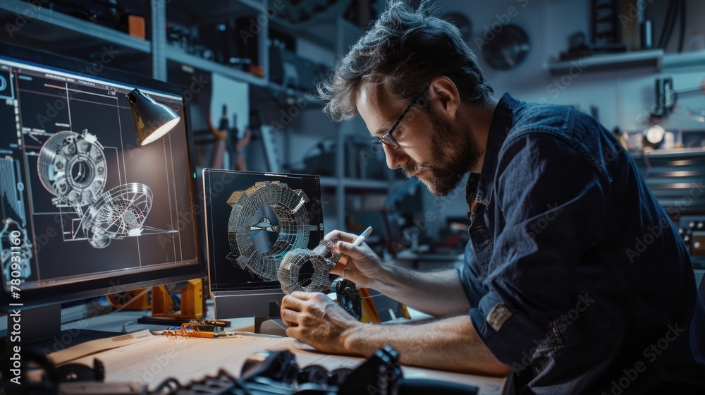 Poster Man using computer in workshop, suitable for technology concepts