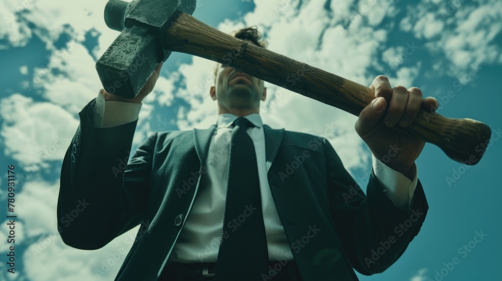 Poster businessman in formal attire holding a hammer, versatile image for various concepts