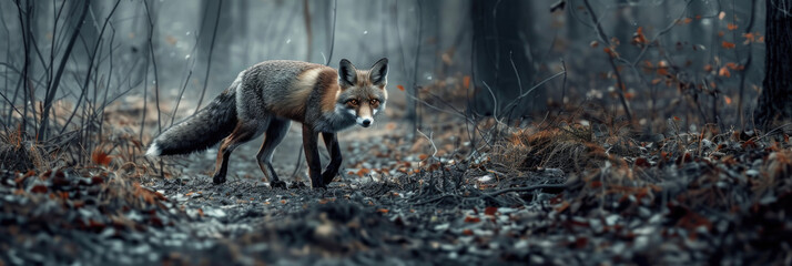 Obraz premium A fox gracefully moves through a dense forest in the midst of a gentle rain shower